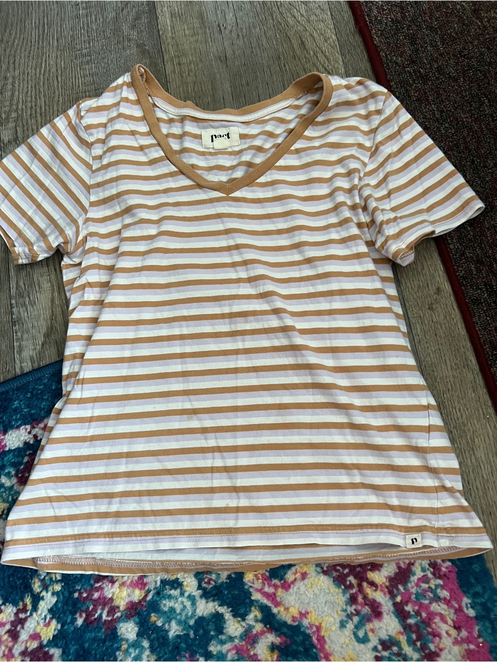 Pact Short Sleeve V-Neck Tee - Cream & Tan Stripes